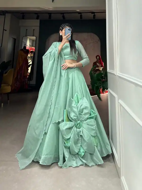 Exclusive Parrot Green Color Rajwadi Chanderi Silk Lehenga Choli
