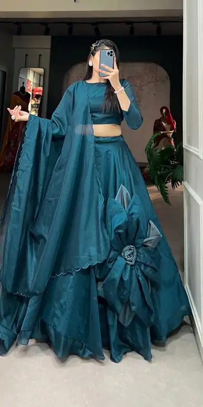 Exclusive Rama Blue Color Rajwadi Chanderi Silk Lehenga Choli