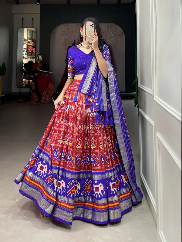 Exclusive Red Color Tussar Silk Patola Foil Printed Lehenga Choli