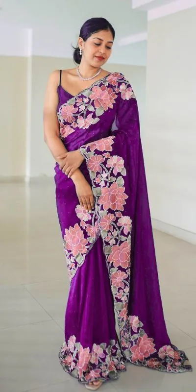 Nice Purple Color Heavy Rangoli With Multi Embroidery Saree