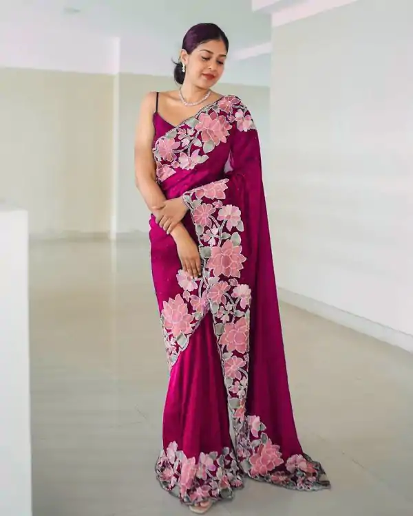 Nice Wine Color Heavy Rangoli With Multi Embroidery Saree