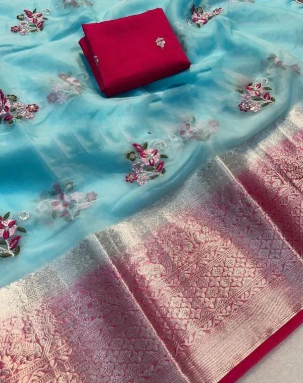 Perfect Blue Color Nylon Organza Jacquard Embroidered Saree