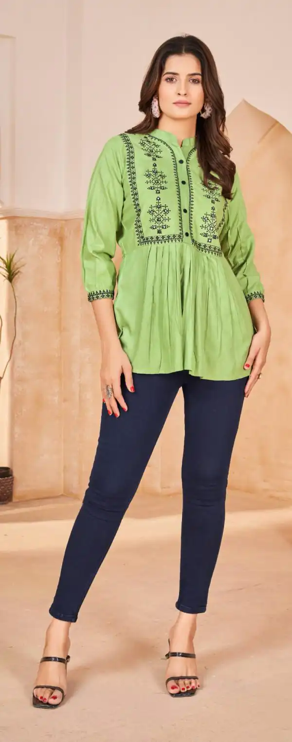 Perfect Green Color Heavy Rayon Embroidery Work Kurti