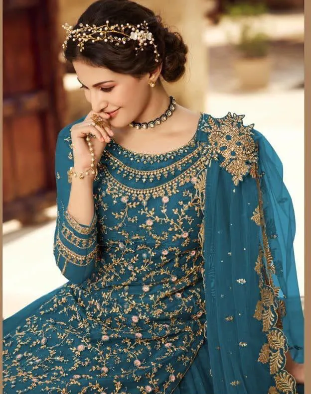 Artful Persian Blue Color Georgette Soft Net Sequence Embroidery Work Lehenga Choli - Image 2