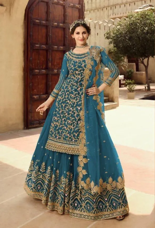 Artful Persian Blue Color Georgette Soft Net Sequence Embroidery Work Lehenga Choli