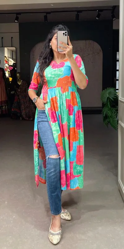 Pretty Green Color High Quality Rayon Cotton With Foil and Printed Drawstring With Tassels Kurti