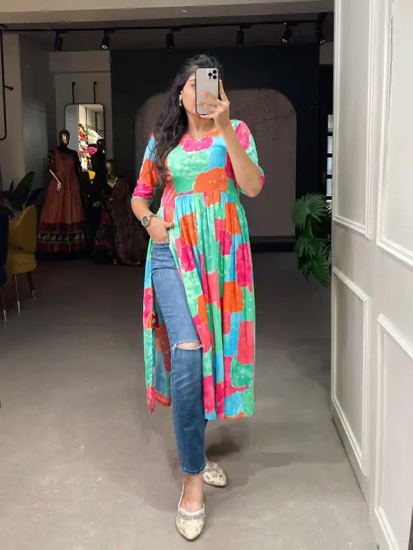 Pretty Green Color High Quality Rayon Cotton With Foil and Printed Drawstring With Tassels Kurti