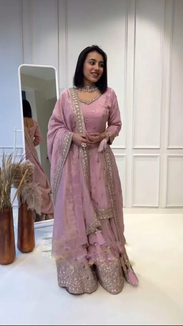 Pretty Pink Color Chinnon Silk Embroidery Sequence Sharara Suit