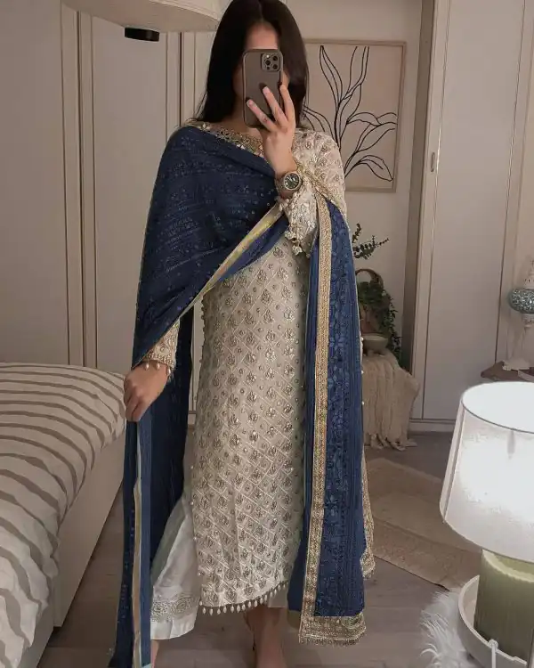 Pretty White Color Sequence Work Salwar Suit With Blue Dupatta