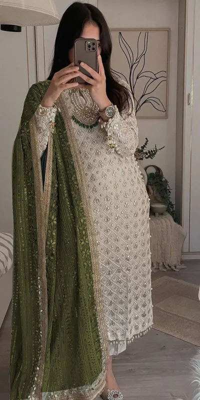Pretty White Color Sequence Salwar Suit With Mehndi Dupatta