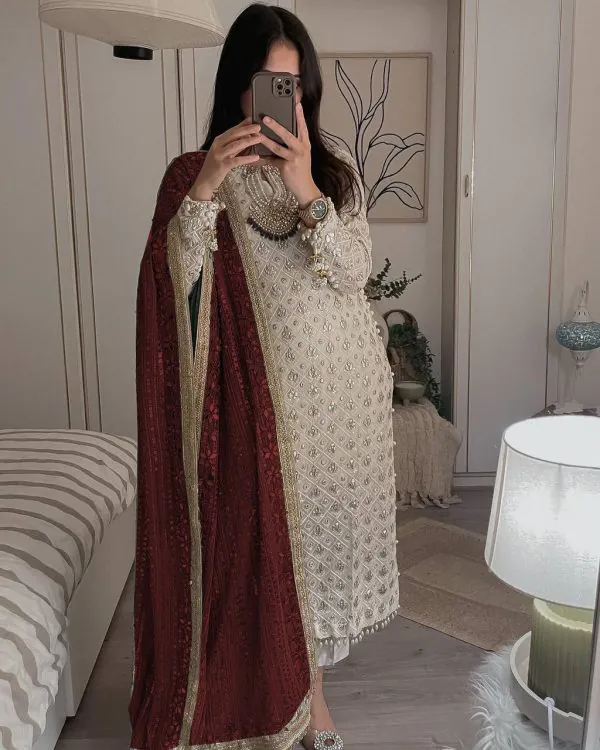 Pretty White Color Sequence Work Salwar Suit With Maroon Dupatta