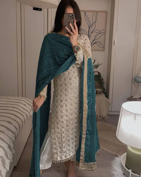 Pretty White Color Sequence Salwar Suit With Peacock Blue Dupatta