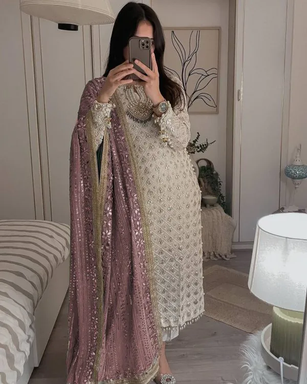 Pretty White Color Sequence Work Salwar Suit With Pink Dupatta