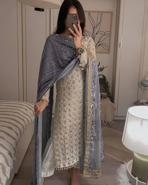 Pretty White Color Sequence Work Salwar Suit With Violet Dupatta
