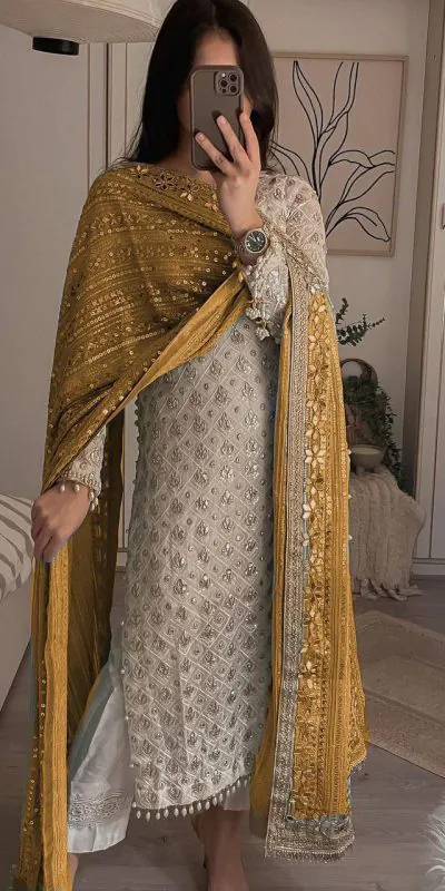Pretty White Color Sequence Work Salwar Suit With Yellow Dupatta