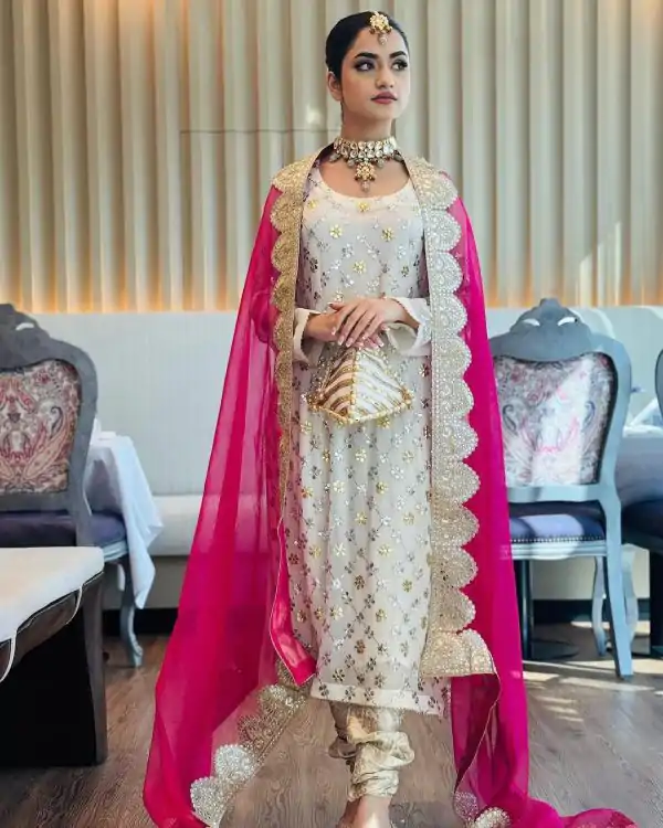 Radiant White Color Georgette Embroidery Sequence Sharara Suit