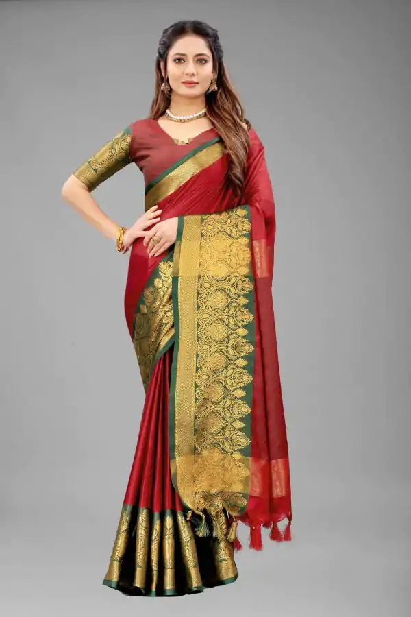 Resplendent Red Color Pure Mercerized Cotton Silk Saree
