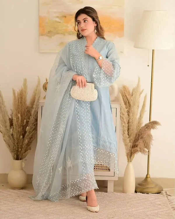 Special Look Light Blue Jam Cotton Embroidery Work Sharara Suit