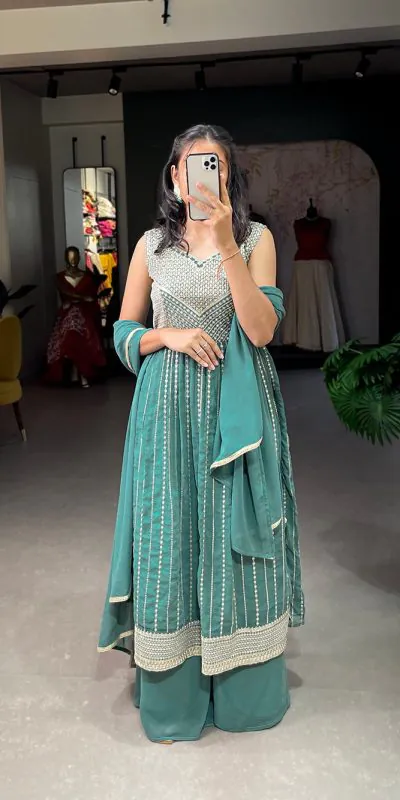 Stunning Green Color Georgette With Heavy Embroidery Sequence Work Party Wear Gown