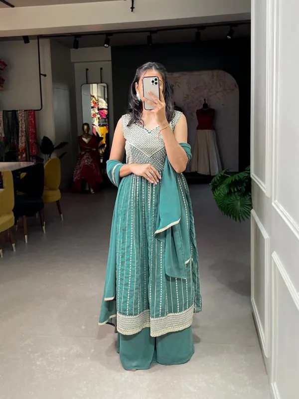 Stunning Green Color Georgette With Heavy Embroidery Sequence Work Party Wear Gown