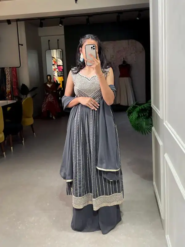 Stunning Grey Color Georgette With Heavy Embroidery Sequence Work Party Wear Gown