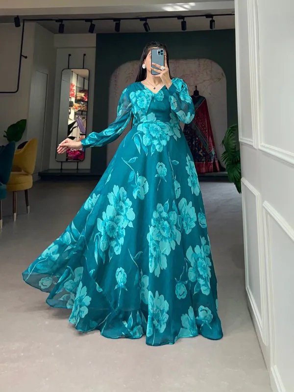 Stunning Pine Green Color Chiffon Floral Printed Party Wear Gown