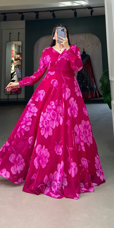 Stunning Pink Color Chiffon Floral Printed Party Wear Gown