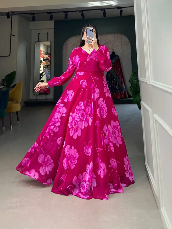 Stunning Pink Color Chiffon Floral Printed Party Wear Gown