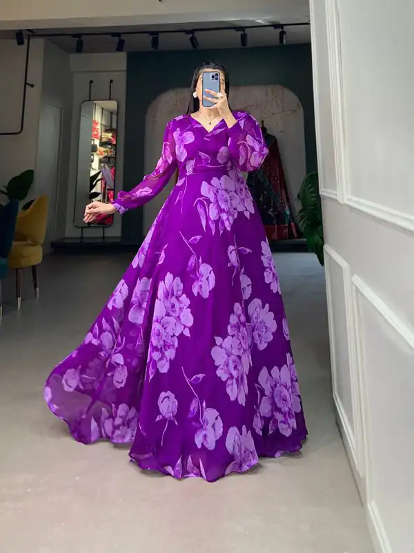 Stunning Purple Color Chiffon Floral Printed Party Wear Gown