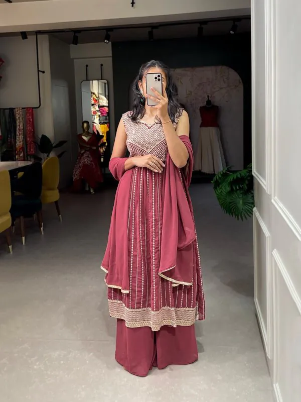 Stunning Red Color Georgette With Heavy Embroidery Sequence Work Party Wear Gown