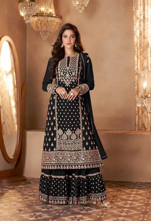 Stylish Black Color Georgette Sequins Work Sharara Suit