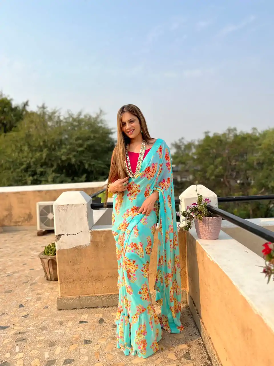 Stylish Blue Color Digital Print Georgette With Ruffle Lace Saree