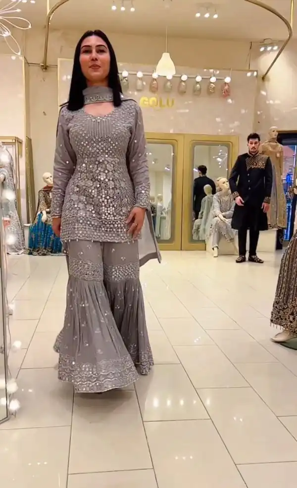 Stylish Grey Color Faux Georgette Embroidery Work Sharara Suit