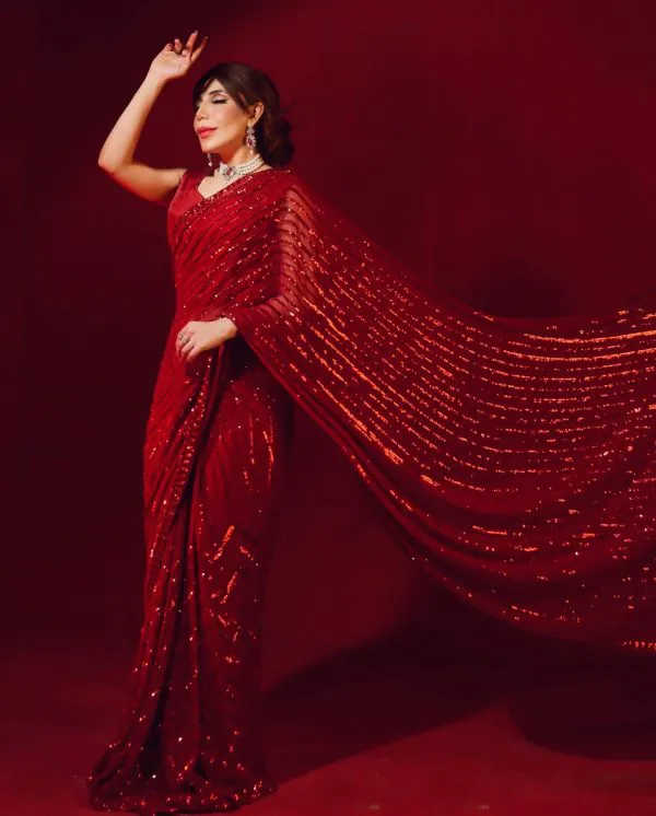 Stylish Red Color Georgette Embroidery Sequence Work Saree