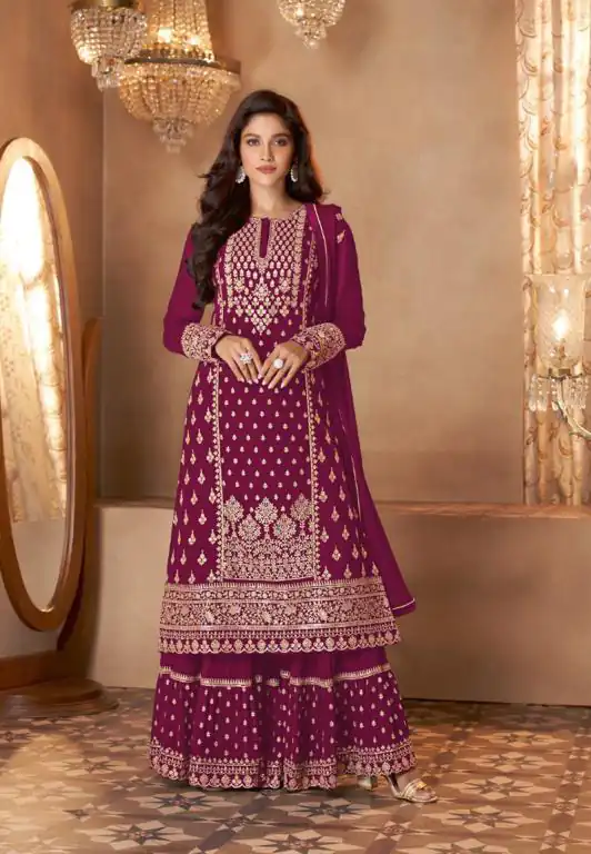 Stylish Wine Color Georgette Sequins Work Sharara Suit