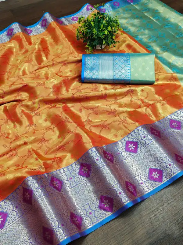 Superb Orange Color Soft & Pure Organic Silk Gold Zari Saree