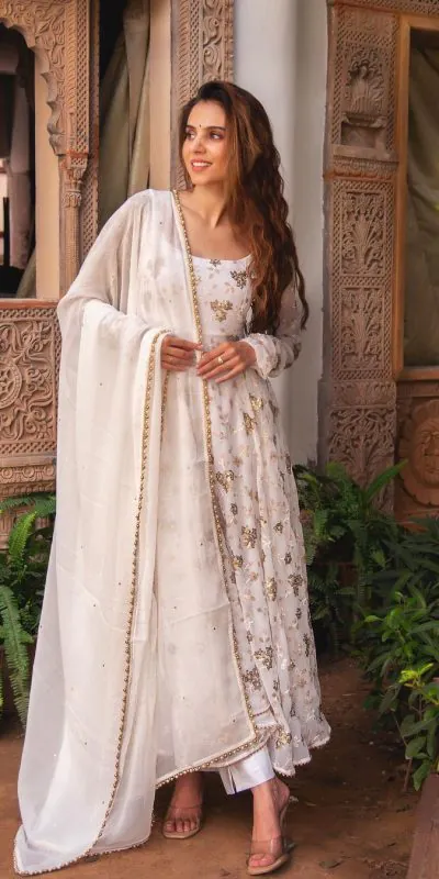 Superb White Color Georgette Embroidery Sequence Work Gown