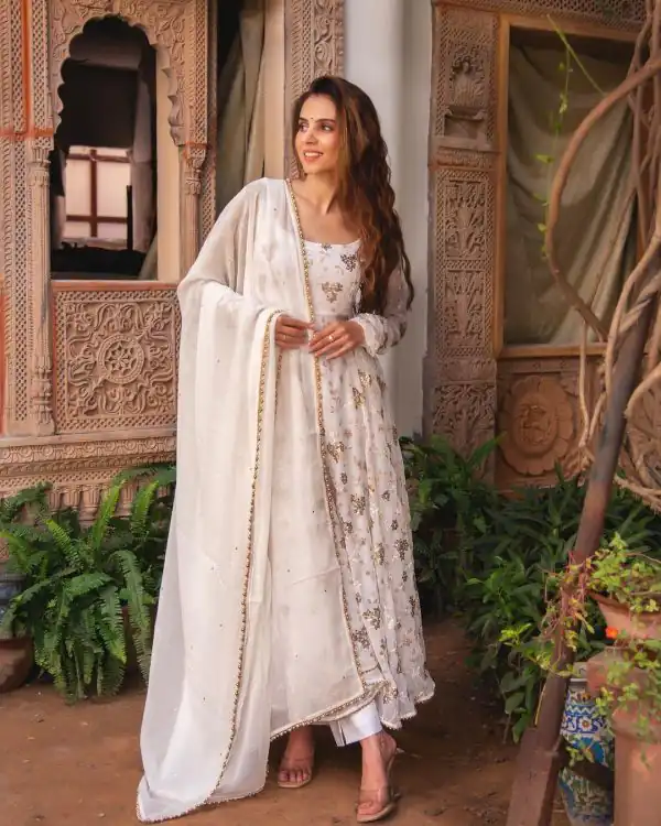 Superb White Color Georgette Embroidery Sequence Work Gown