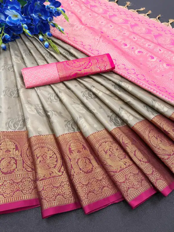 Traditional Grey Color Soft Kanjivaram Jacquard Weaving Saree