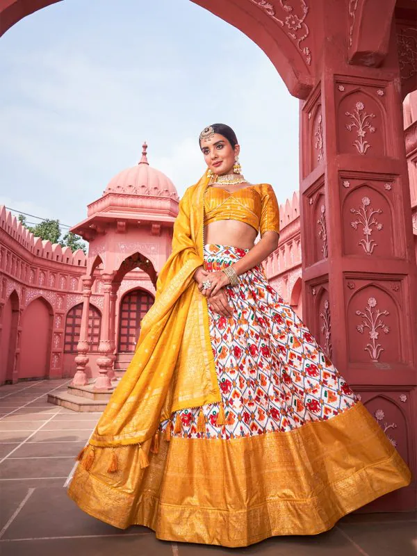 Traditional Mustard Color Dola Silk Patola Foil Printed Lehenga Choli