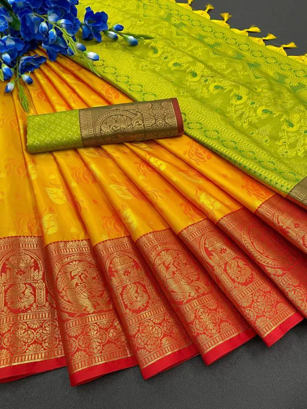 Traditional Orange Color Soft Kanjivaram Jacquard Weaving Saree