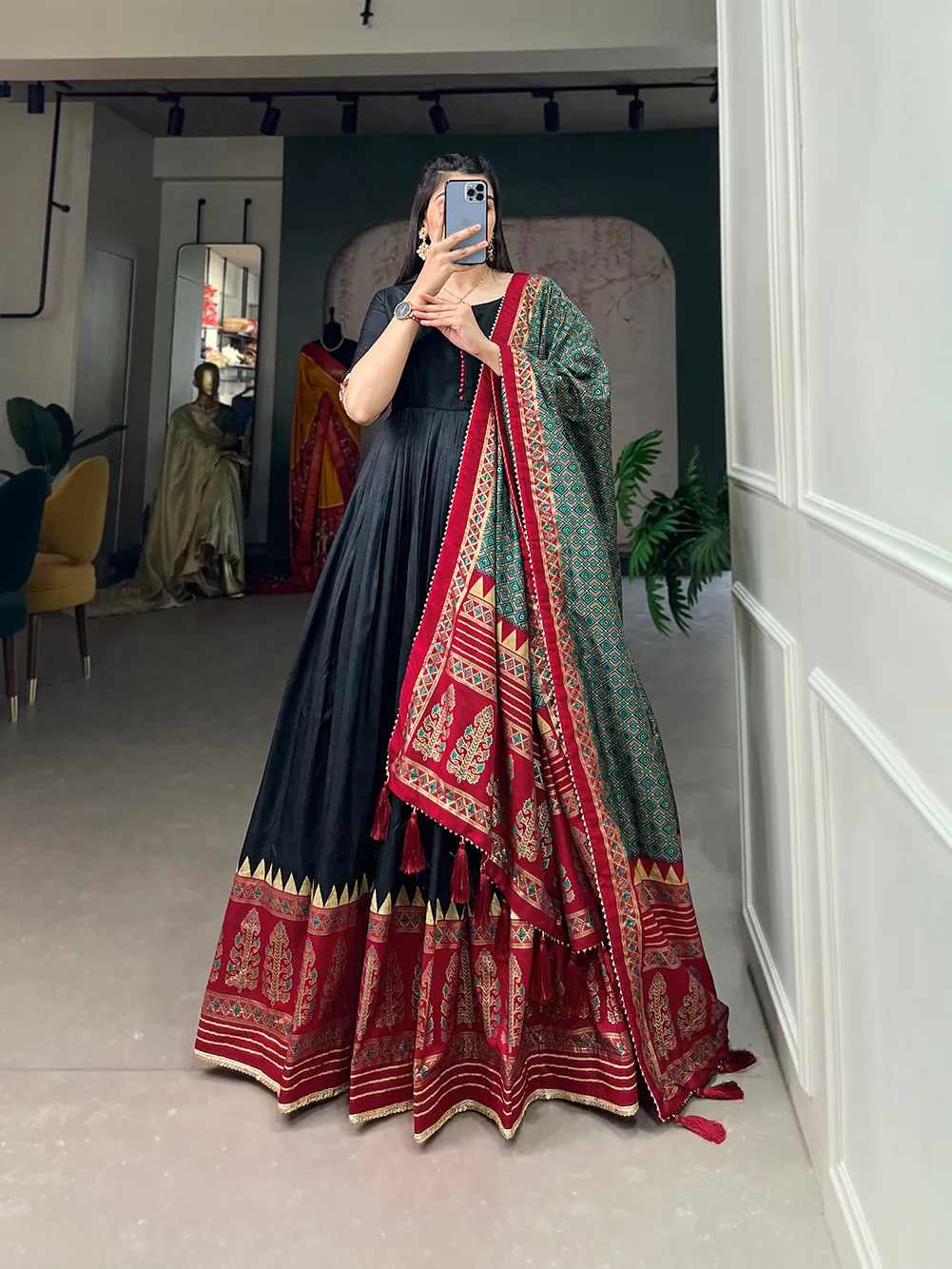 Traditional Wear Black Color Tussar Silk Foil Printed Gown - Image 3