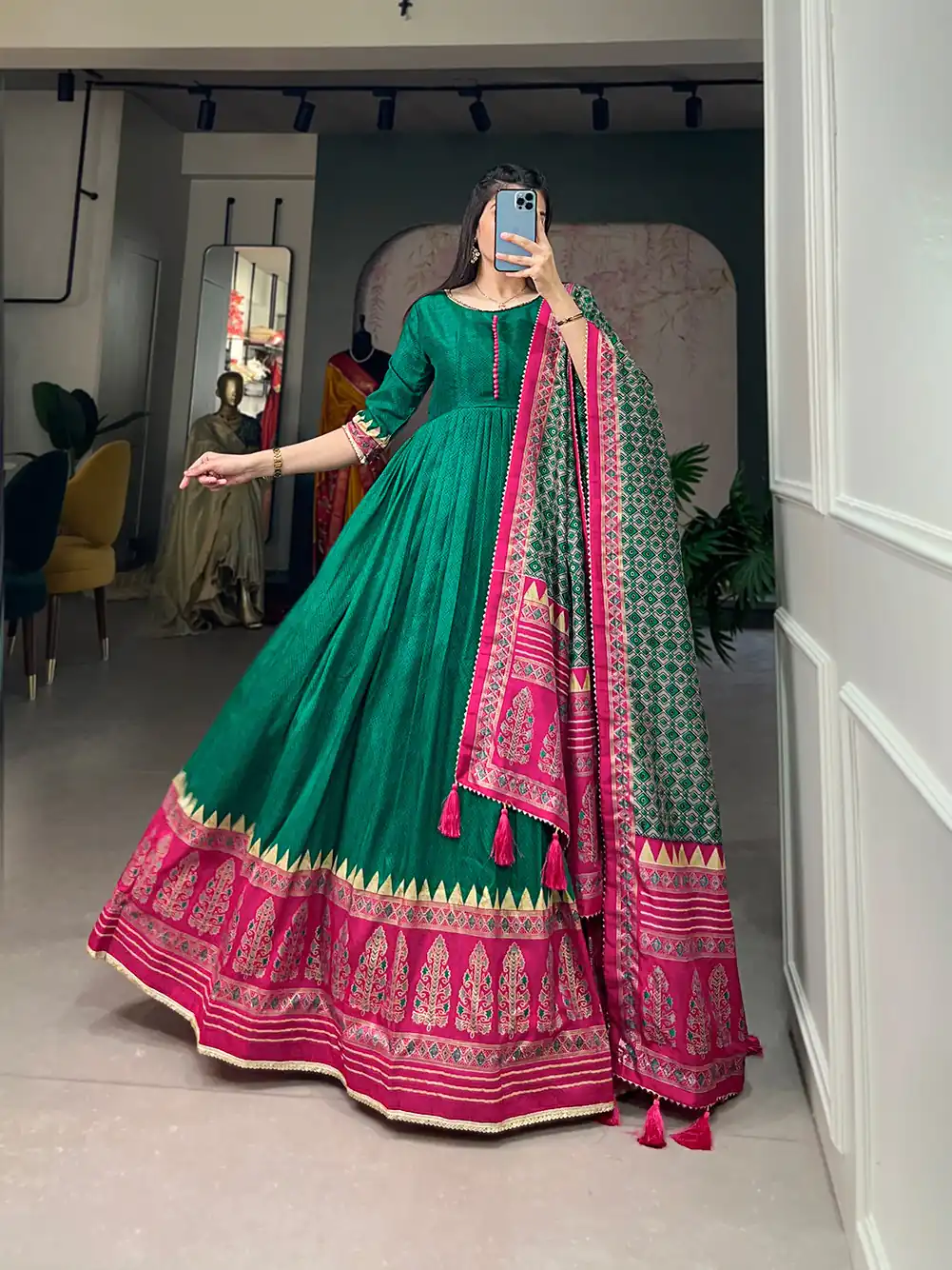 Traditional Wear Green Color Tussar Silk Foil Printed Gown