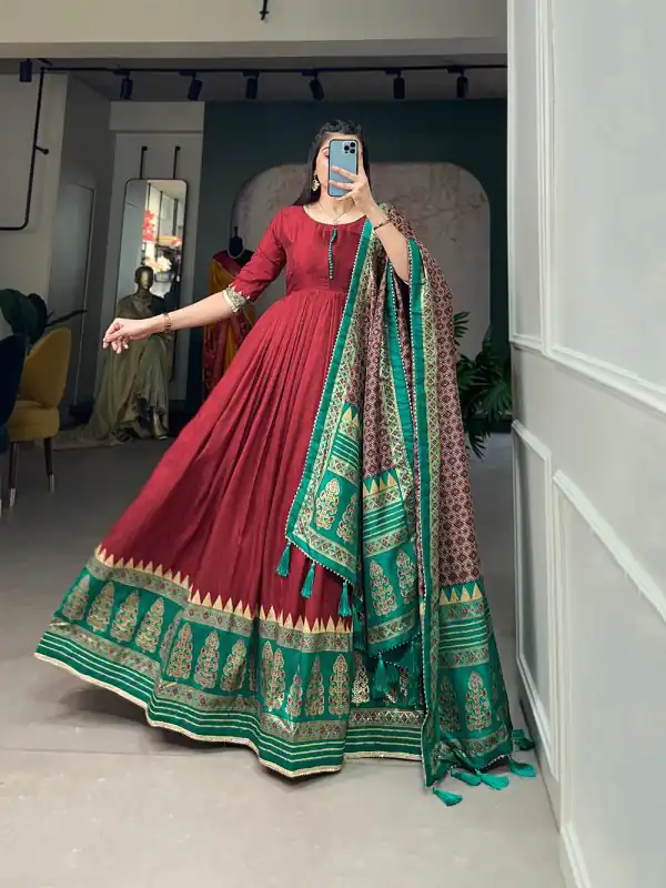 Traditional Wear Maroon Color Tussar Silk Foil Printed Gown