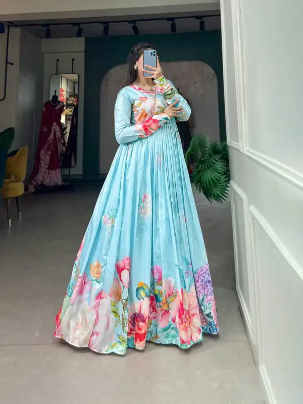 Marvelous Blue Color Tussah Silk Floral Printed gown
