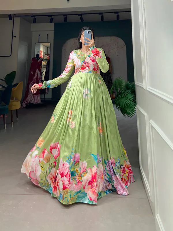 Marvelous Green Color Tussah Silk Floral Printed Gown