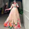 Marvelous Light Orange Color Tussah Silk Floral Printed Gown
