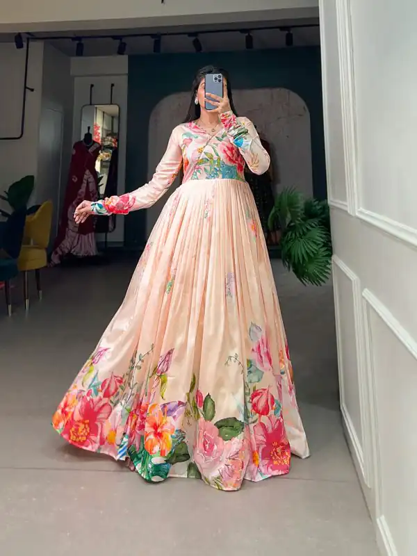 Marvelous Light Orange Color Tussah Silk Floral Printed Gown
