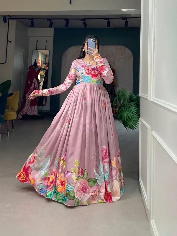 Marvelous Onion Pink Color Tussah Silk Floral Printed Gown