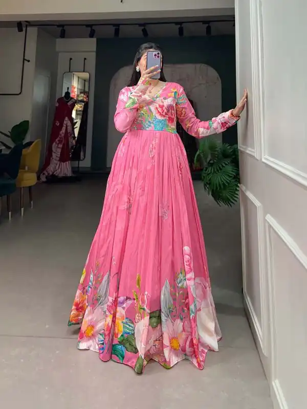 Marvelous Pink Color Tussah Silk Floral Printed Gown